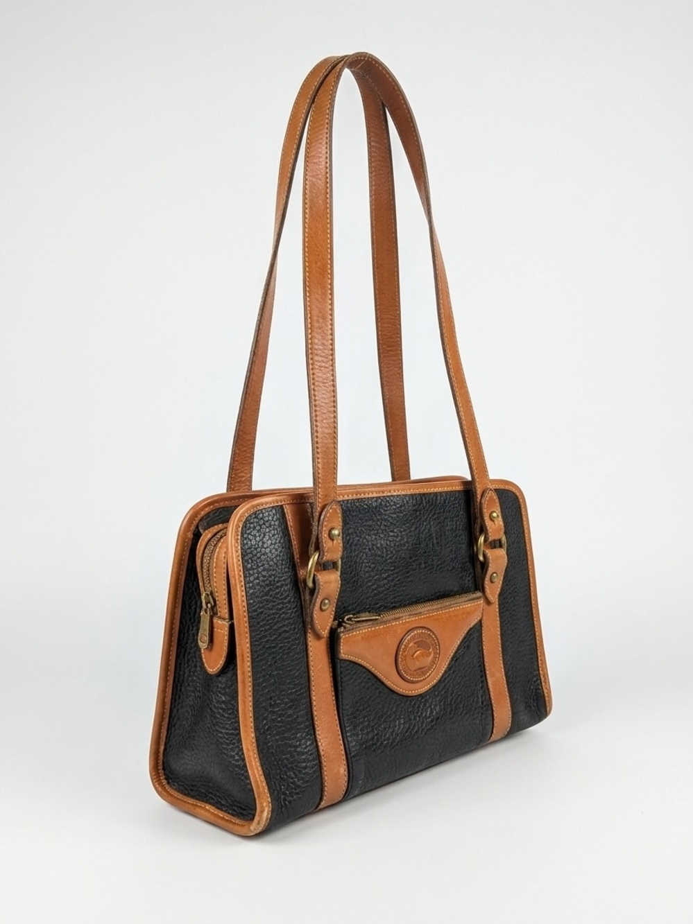 Dooney & Bourke Black and Brown Leather Shoulder Bag with Front Pocket
